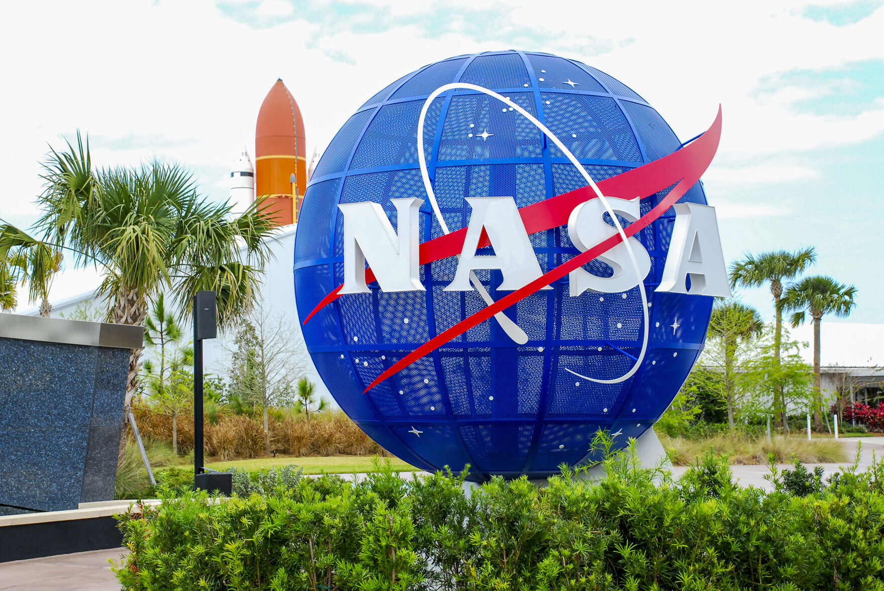 The NASA logo at the entrance to the Kennedy Space Center Visitor Center, Cape Canaveral, Florida.